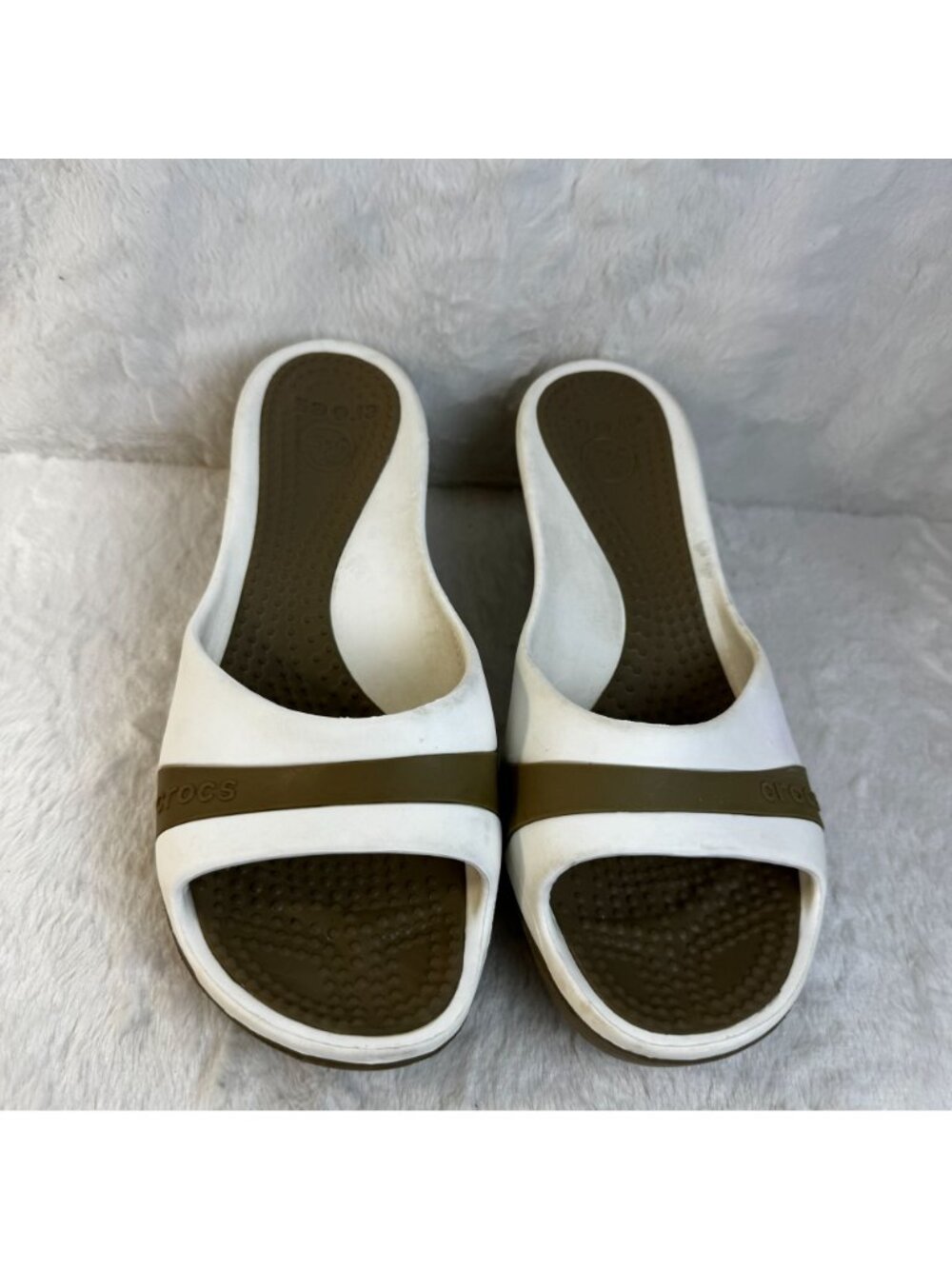 Crocs Platform Heel Wedge Shoes Sassari Womens Size 9 Open Toe Slide White Tan - Picture 3 of 7